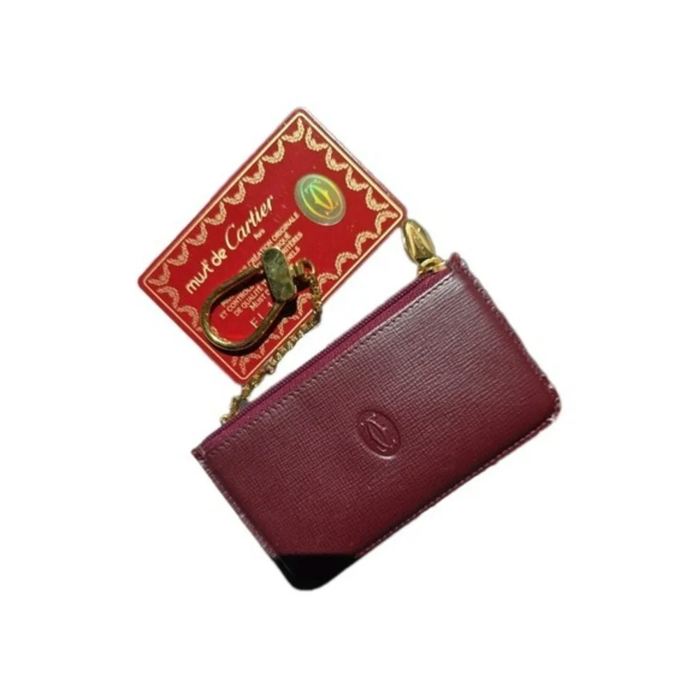 Cartier Burgundy Leather Key Cle Chain Card Holder Pouch Mini Burgundy Red Brown